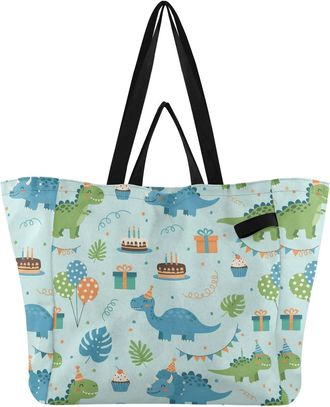 Generic Birthday Dinosaur Cake Blue pattern Reusable Canvas Tote Bag, Heavy Duty Grocery Shopping Bag with Hard Bottom Large Capacity Double Handles Work Groc