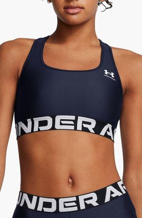 Under Armour HeatGear Mid Racerback Logo Jacquard Sports Bra in Midnight Navy //White at Nordstrom, Size X-Small