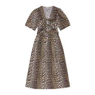 Ganni Midi jurk met luipaardprint en strikdetail - Dames - Casual kleedjes - Bruin - S - Katoen - Kleedjes
