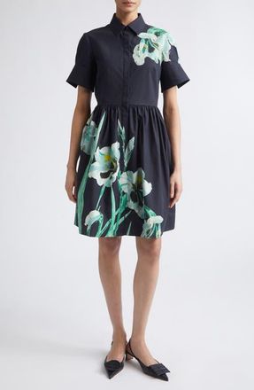 Erdem Floral Print Cotton Shirtdress in Mirrored Orchid Navy at Nordstrom, Size 12