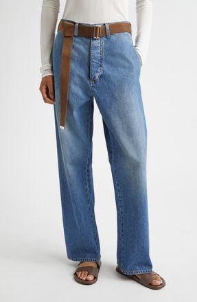 Plan C Belted Denim Straight Leg Trousers in Indigo at Nordstrom, Size 2 Us