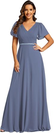 Ever-pretty Maxi Dresses Pleated A-Line Chiffon Formal Evening Dress with Short Sleeves and Sequin Waist Dusty Navy 22UK