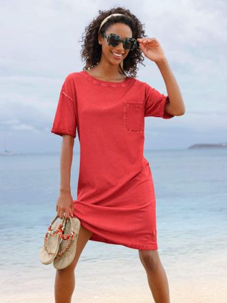 Heine Jerseykleid HEINE Jersey-Kleid, Damen, Gr. 34, Normalgr&ouml;ssen, erdbeere, Jersey, 100% Baumwolle, unifarben, kurz, Rundhals, Kleider Jerseykleid