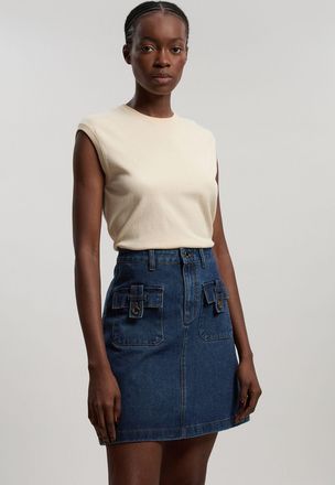 Karen Millen Womens Petite Denim Button Front Midi Skirt - Blue Cotton - Size 14 UK