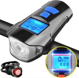 No Brand Luz Nocturna Para Bicicleta, Linterna Para Bicicleta, Potente Faro Delantero, Resistente Al Agua, Recargable Por Usb, Con Bocina Y Veloc&iacute;metro