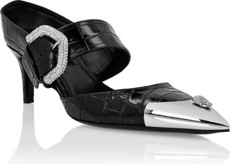 Philipp Plein Croco Leather Mule Low Heels Skull Strass