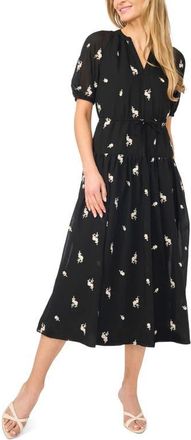 CeCe by Cynthia Steffe Puff Sleeve Tie Waist Midi Dress in Rich Black at Nordstrom, Size Xx-Small