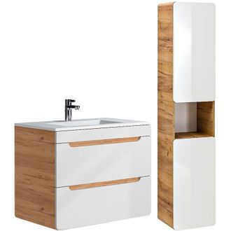 Vente-Unique Mobile per bagno sospeso e lavabo da incasso e colonna 80 cm Naturale e Bianco - ARUBA