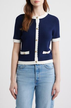 French Connection Bennet Short Sleeve Rib Cardigan in Marine-Summer White at Nordstrom, Size X-Large