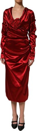 Dolce & Gabbana Womens Red Silk Satin Draped Midi Floral Applique Dress Elastane