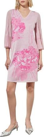 Ming Wang Floral Print Metallic Pleated Sleeve Shift Dress in Perfect Pink/carmine Rose at Nordstrom Rack, Size X-Small