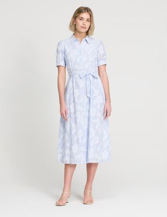 Finery Petite Mariah Tie Waist Midi Shirt Dress in Blue Floral Stripe at Nordstrom, Size 16