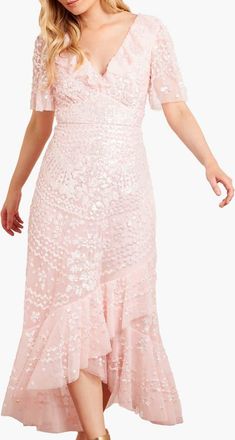 Needle & Thread Anais Sequin Frill Ankle Gown in Seashell at Nordstrom, Size 14