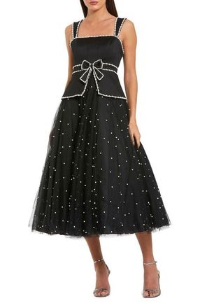 Mac Duggal Sleeveless Embellished Crepe And Tulle Midi Dress in Black Ivory at Nordstrom, Size 14