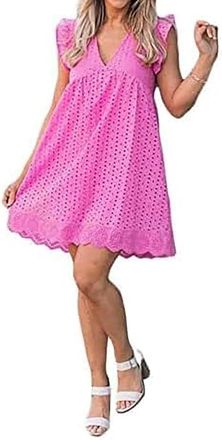 Generic California Romper Dress with Shorts, V-Neck Elegant Lace Short Skirt, Womens Ruffle Sleeve Sexy Casual Flowy Dresses (Rose red,XXL)