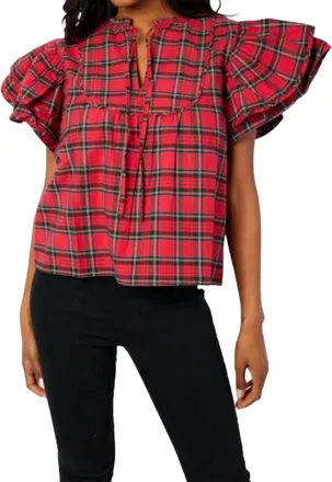 Sail to Sable Ruffle Sleeve Top In Tartan Plaid