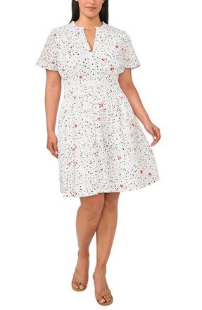 CeCe by Cynthia Steffe Floral Print Shirred Cotton Dress in Ultra White at Nordstrom, Size 1X