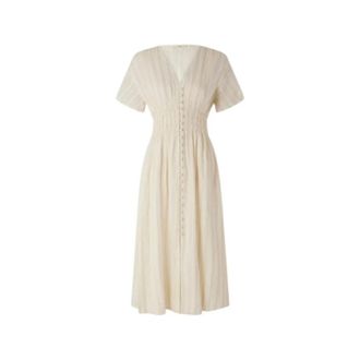Sessun Midi Jurk met Knoopsluiting en Smocked Taille - Dames - Casual kleedjes - Beige - L - Katoen - Kleedjes
