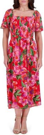 Kensie Smocked Chiffon Midi Dress in Red Multi at Nordstrom Rack, Size 12
