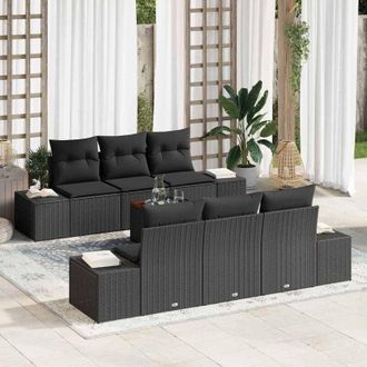 vidaXL Vidaxl - Conjunto De Sof&aacute; De Jard&iacute;n Con Coj&iacute;n 7 Pcs Negro Polirat&aacute;n