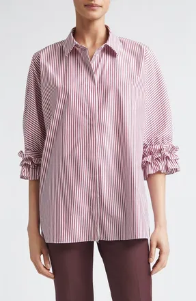 Max Mara Nebbie Stripe Ruffle Elbow Sleeve Button-Up Shirt in Bordeaux at Nordstrom, Size 14