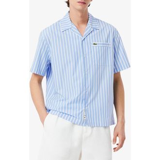 Lacoste Relaxed Fit Stripe Cotton & Lyocell Camp Shirt in Overview/White at Nordstrom, Size 16.5
