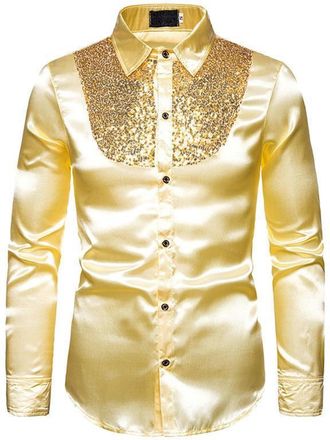 Generic Mens Shiny Satin Sequins Button Dress Shirts Long Sleeve Slim Fit Disco Party Prom Wedding Costume n9 Gold