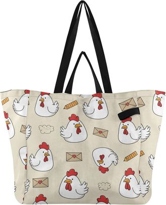 Generic Rooster Letter Beige pattern Reusable Canvas Tote Bag, Heavy Duty Grocery Shopping Bag with Hard Bottom Large Capacity Double Handles Work Groceries T