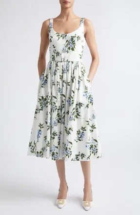 Emilia Wickstead Eglantine Belted Midi Dress in White-Lilac Lillies/cherry at Nordstrom, Size 12