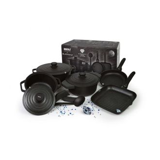 Risoli Set Batteria da Cucina El Diamant, Alluminio Pressofuso, Bakelite, Vetro Borosilicato, Nero, 36x36x8,5 cm