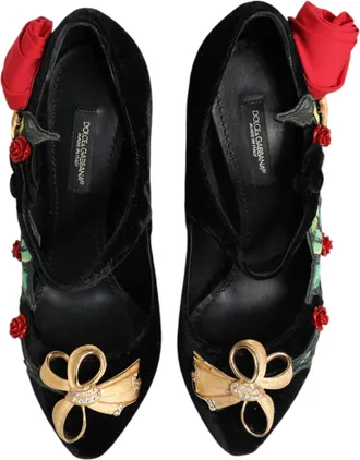 Dolce & Gabbana Womens Black Roses Crystal Brooch Mary Jane Shoes Rayon Silk