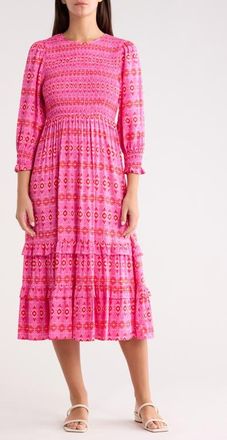 Sugarlips Mirany Ikat Ludlow Smocked Midi Dress in Fuchsia/red at Nordstrom, Size X-Large