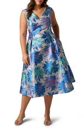 Adrianna Papell Metallic Jacquard Sleeveless Midi Dress in Blue Multi at Nordstrom, Size 24W