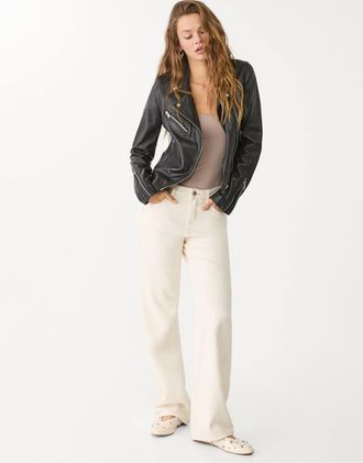 Stradivarius Giacca biker in pelle nera-Nero