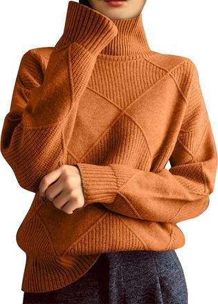 Generic Womens Warm Long Sleeve Turtleneck Jumper Chic and Elegant Solid Colour Loose Fit Casual Soft Knitted Pullover Classic Autumn Winter Versatile Large S