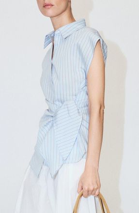 Mango Knotted Stripe Cap Sleeve Button-Up Shirt in Sky Blue at Nordstrom, Size 10