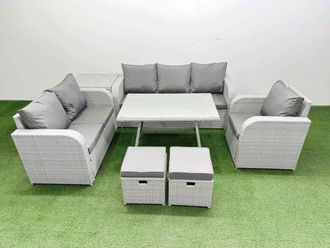 Fimous Patio Dining Table & Chairs Set with Reclining Chair 2 Small Stools in Light Grey
