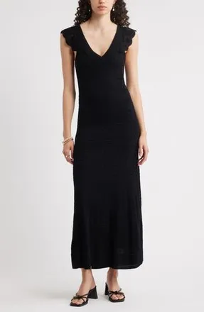 Chelsea28 Pointelle Flutter Maxi Sweater Dress in Black at Nordstrom Rack, Size Xx-Small