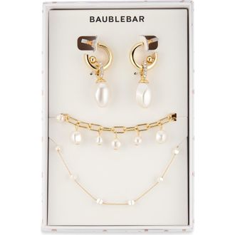 BaubleBar Pearly Whites Drop Huggie Hoop Earrings, Bracelet & Necklace Set at Nordstrom Rack