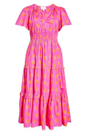 Sugarlips Jolene Print Tiered Maxi Dress in Fuchsia-Orange-Dot at Nordstrom, Size 2 X