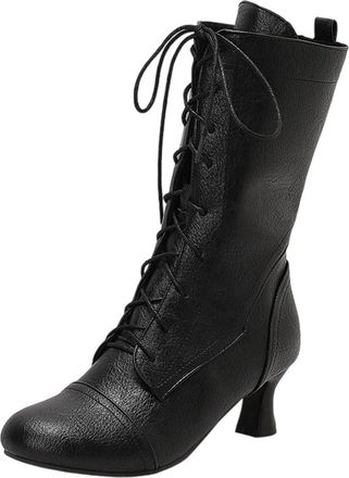 Generic Womens Vintage Mid-Calf Boots Traditional Ankle Boots With Lace Up Round Toe Medieval Booties PU Leather Large Size Booties Strappy High Heels Autumn 