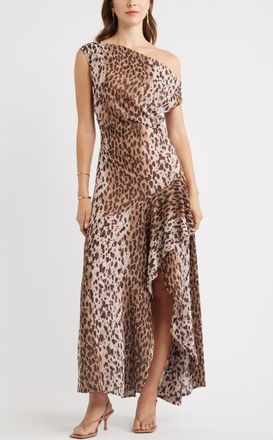 Chelsea28 Cascading Off the Shoulder Evening Dress in Tan- Black Leopard Spot at Nordstrom, Size Xx-Small