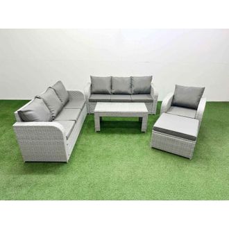 Fimous 8 Seater Poly Rattan Outdoor Garden Furniture Oblong Coffee Table Sofa Set Patio 3 Seater Sofa Reclining Chair 3 Seater Sofa Big Footstool Light Grey