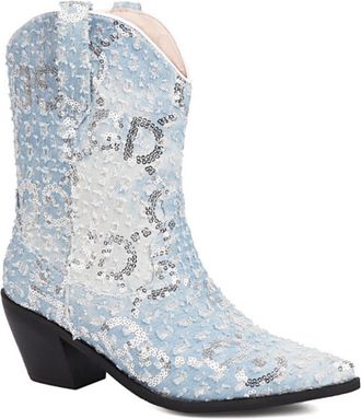Generic Womens Sequin Denim Western Ankle Boots Pointed Toe Mid Block Heels Soft Upper Cushioned Insole Comfortable Non Slip Wear Resistant Party Evening Dres