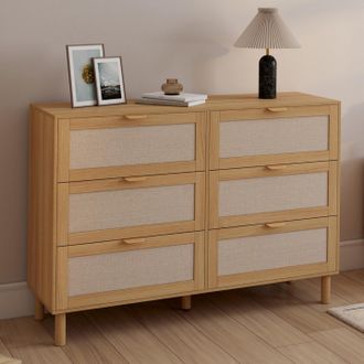 IDMarket C&oacute;moda Robin 6 Cajones 115 Cm Madera Y Tela Efecto Lino