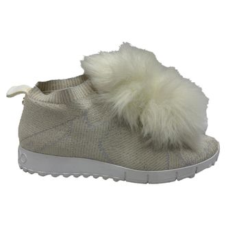 Jimmy Choo London Pre-owned Womens Norway Pom Pom Sneakers in White Lurex - Ecru - Size 36.5 EU/IT