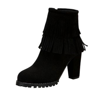 Generic Winter Women Autumn Winter Ankle Boots Fashion Tassel Design Solid Color Round Toe Comfortable Square Heel Thick Block Heel Footwear For Ladies Casual