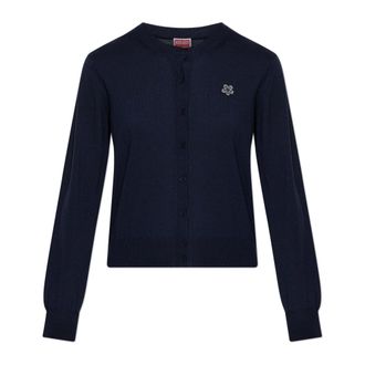 Kenzo Cardigans, female, Blue, Size: XS Wool Cardigan with Kenzo Patch