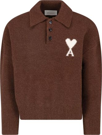 Ami Cropped Cardigan With Classic Collar And Intarsia Logo