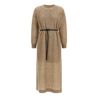 Brunello Cucinelli Kleedjes, Dames, Beige, S, Wol, Monile Gebreide Mesh Midi Jurk